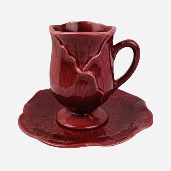 Vintage Metlox Poppytrail Lotus Cranberry Pedestal Mug Cup and Saucer USA 1179 - Picture 2 of 12